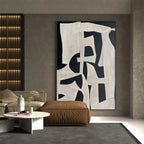 Javier Ramirez black and white abstract painting in a modern living room, minimalist design on premium canvas, home decor.