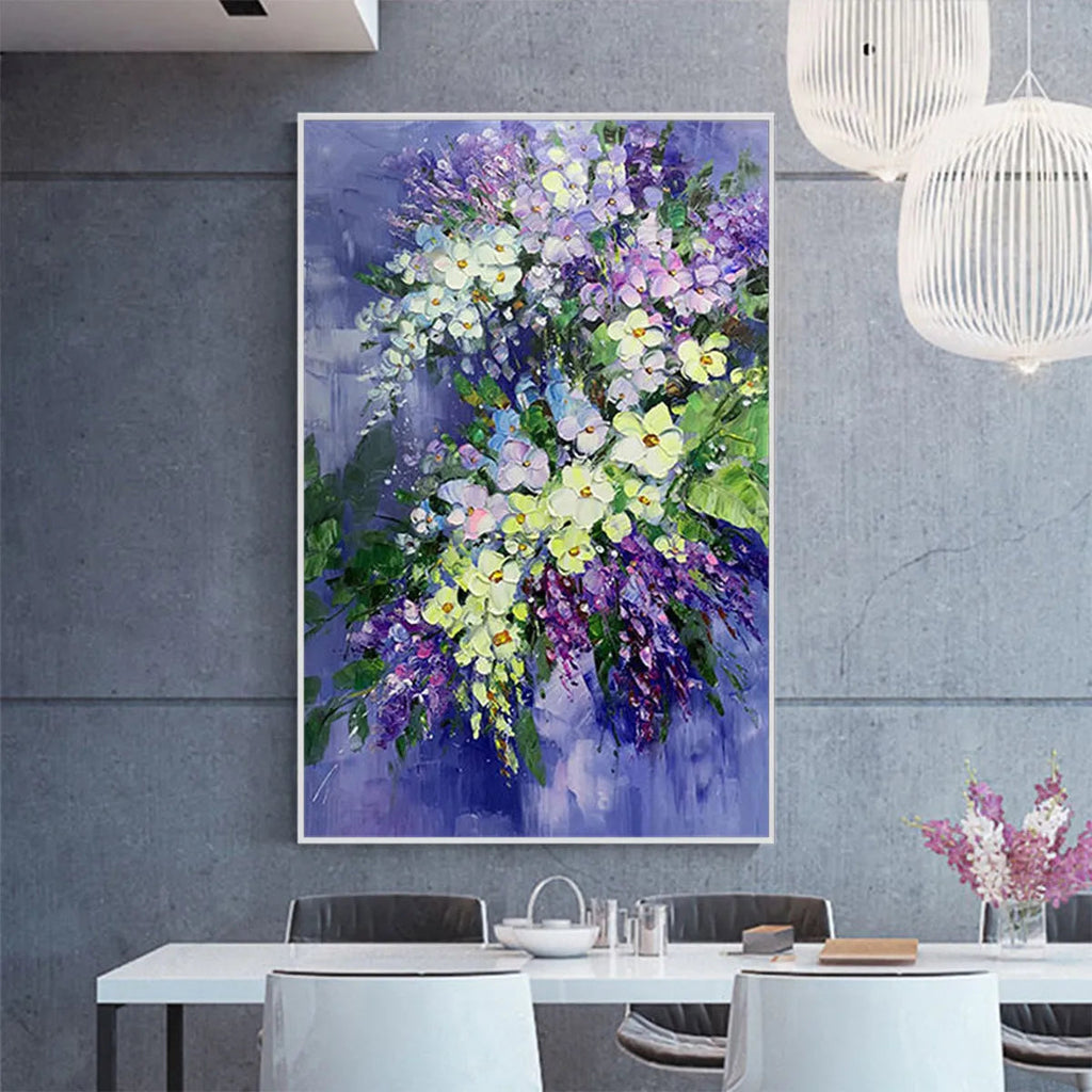 SERENITY IN PURPLE: Vertical Impasto Purple White Blue Floral Canvas