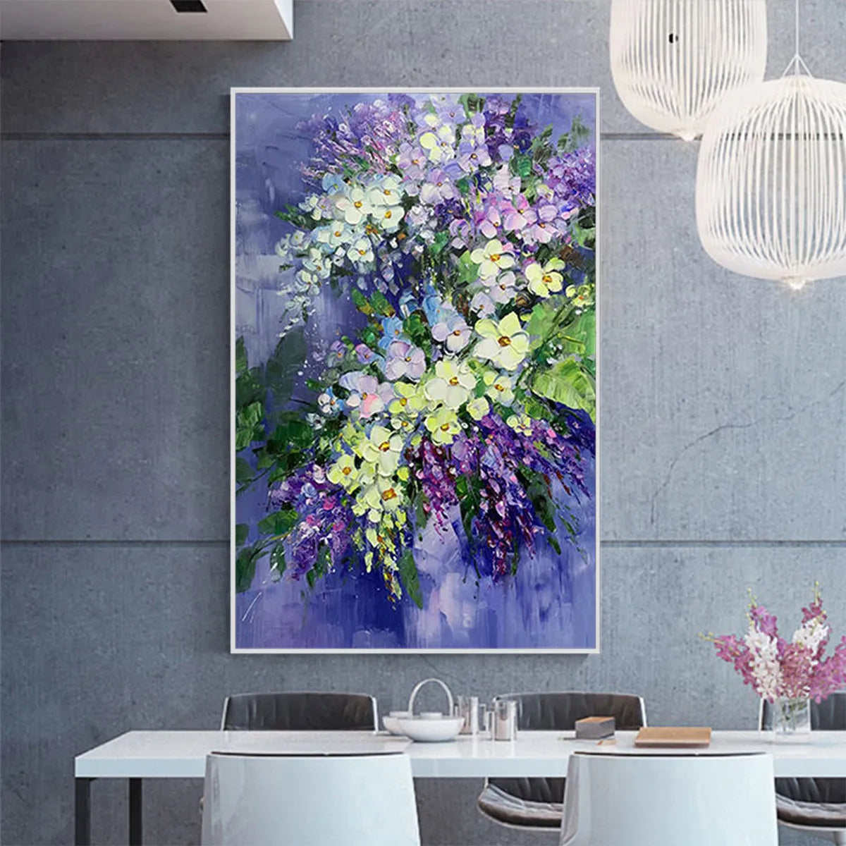 SERENITY IN PURPLE: Vertical Impasto Purple White Blue Floral Canvas