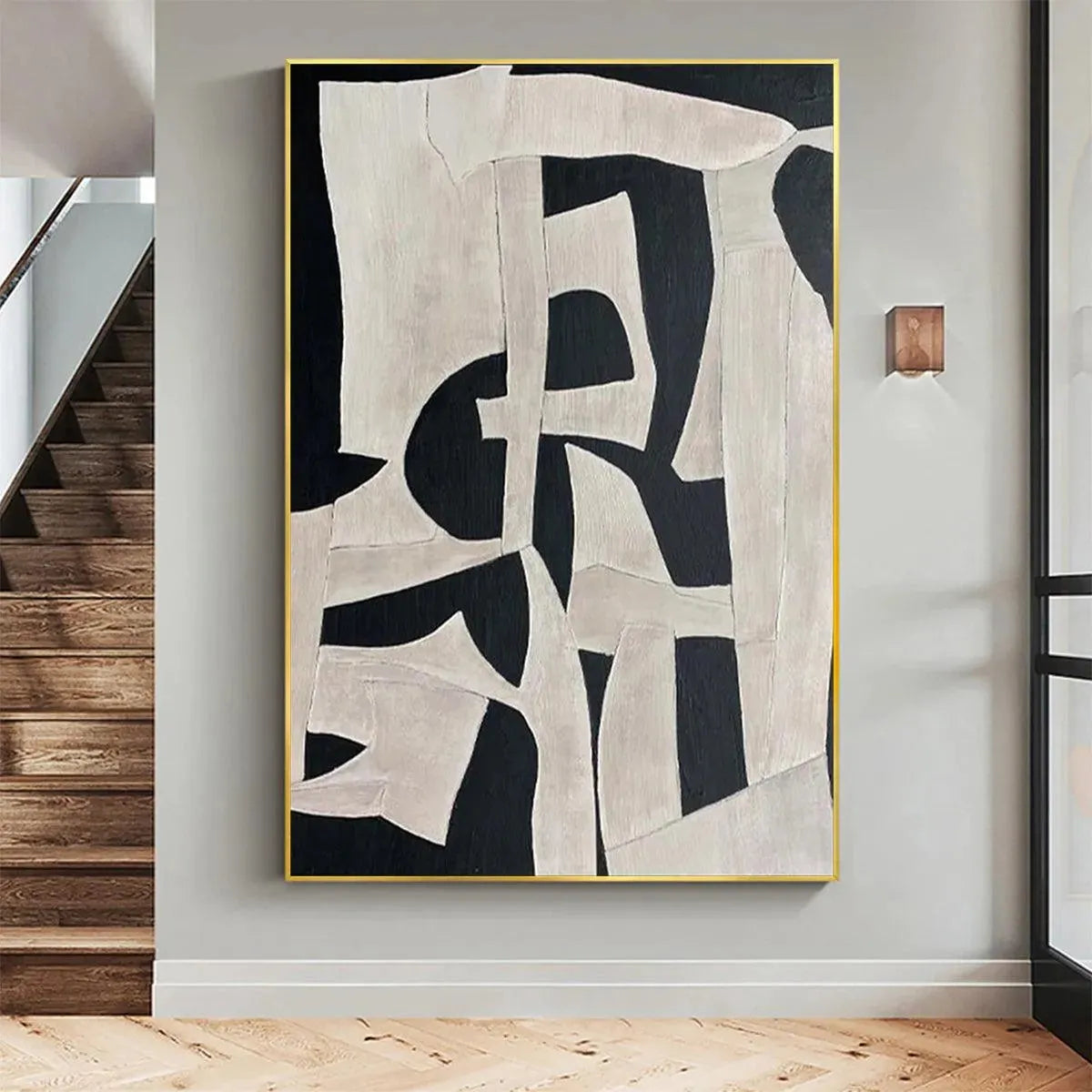 Javier Ramirez black and white abstract art, framed on premium canvas, geometric forms for modern home decor