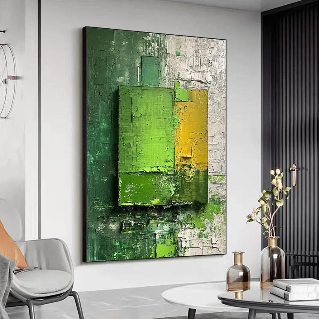 Impasto abstract painting, Green and Yellow Textured Blocks by Isabella Rossi, modern wall art, vertical artwork