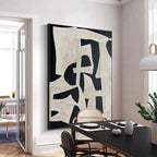 Javier Ramirez black and white abstract painting. Modern art for home, framed canvas, minimalist design.