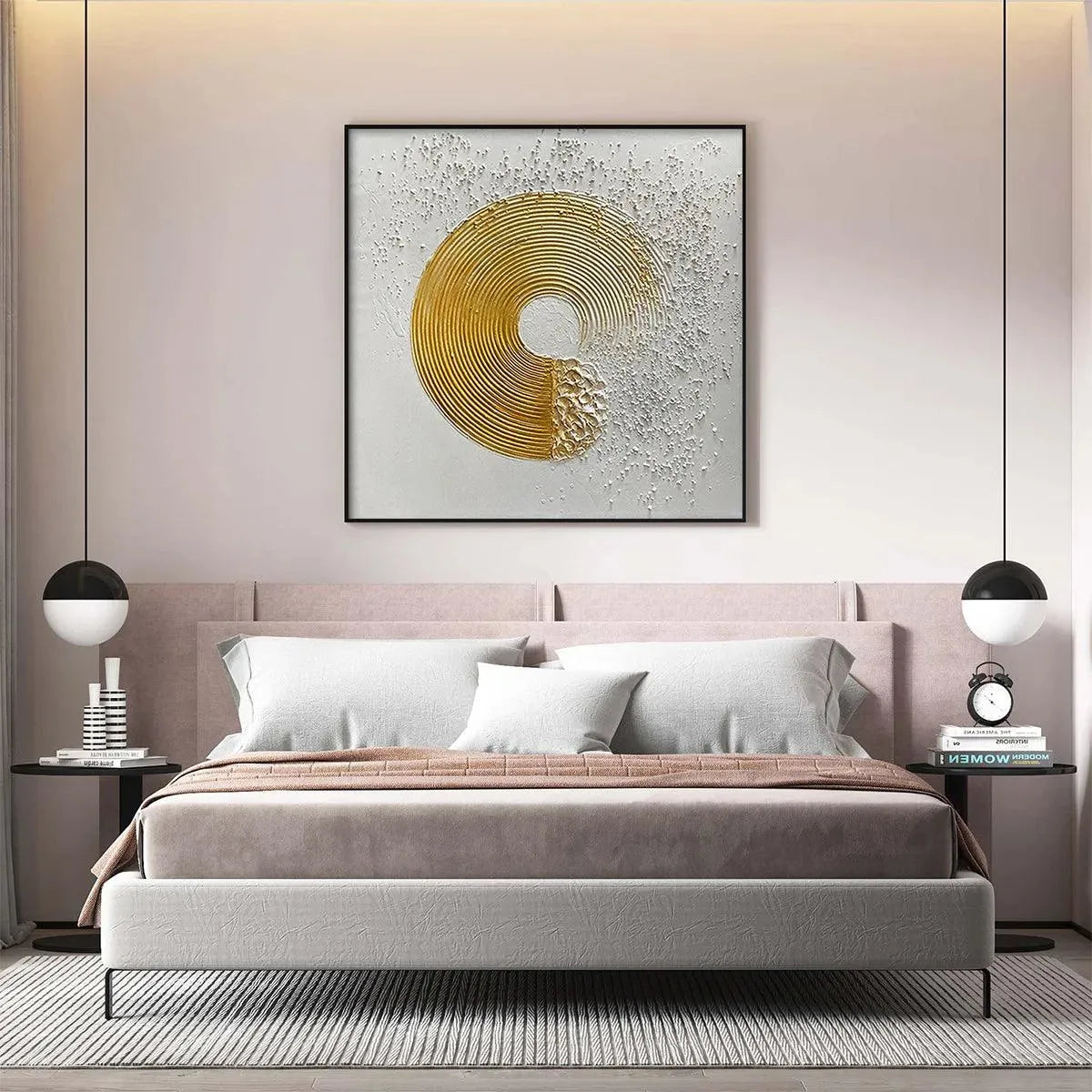 Golden Harmony abstract painting in a bedroom, featuring textured gold concentric circles on a white background.