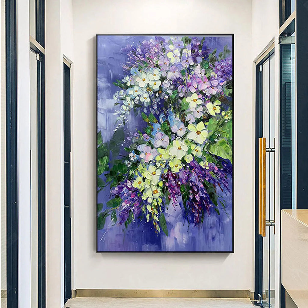 SERENITY IN PURPLE: Vertical Impasto Purple White Blue Floral Canvas