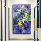 SERENITY IN PURPLE: Vertical Impasto Purple White Blue Floral Canvas