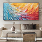 Golden Waves textured painting, horizontal impasto wall art in blues, yellows, oranges, and reds above sofa.