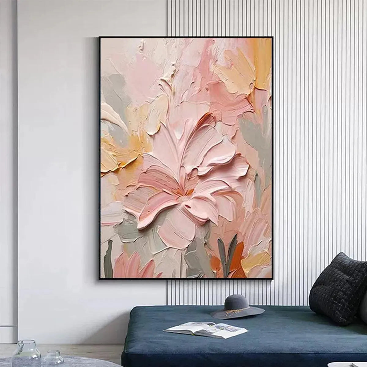 BLUSHING BLOOMS: Textured Impasto Pink Peach Cream Flowers Canvas