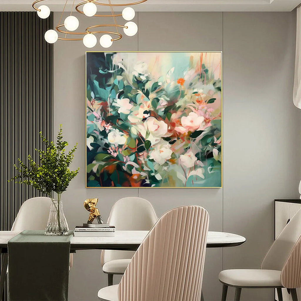 SECRET GARDEN: Impressionistic Soft Hue Square Floral Oil Canvas