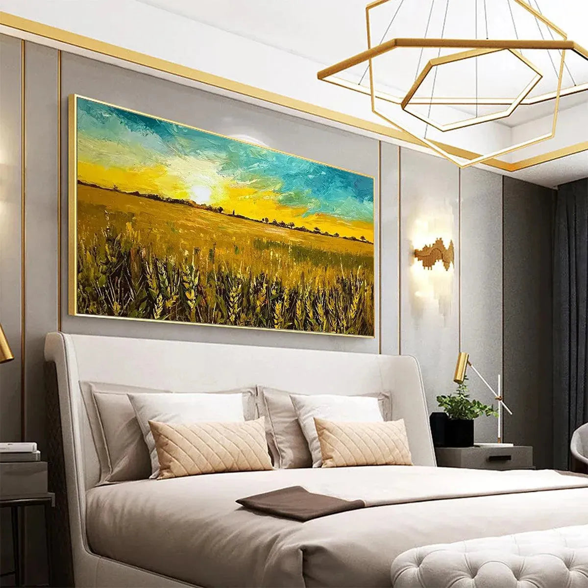 Golden Sunset Field painting by Isabella Rossi in a bedroom setting, framed artwork of wheat field at sunset, home decor