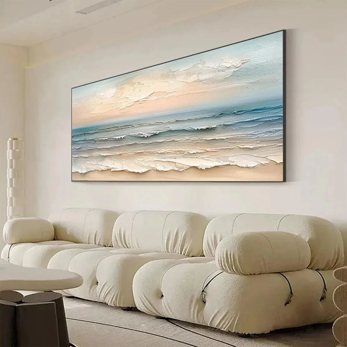 COASTAL SERENITY: Soft Hues Impasto Waves Textured Seascape Canvas