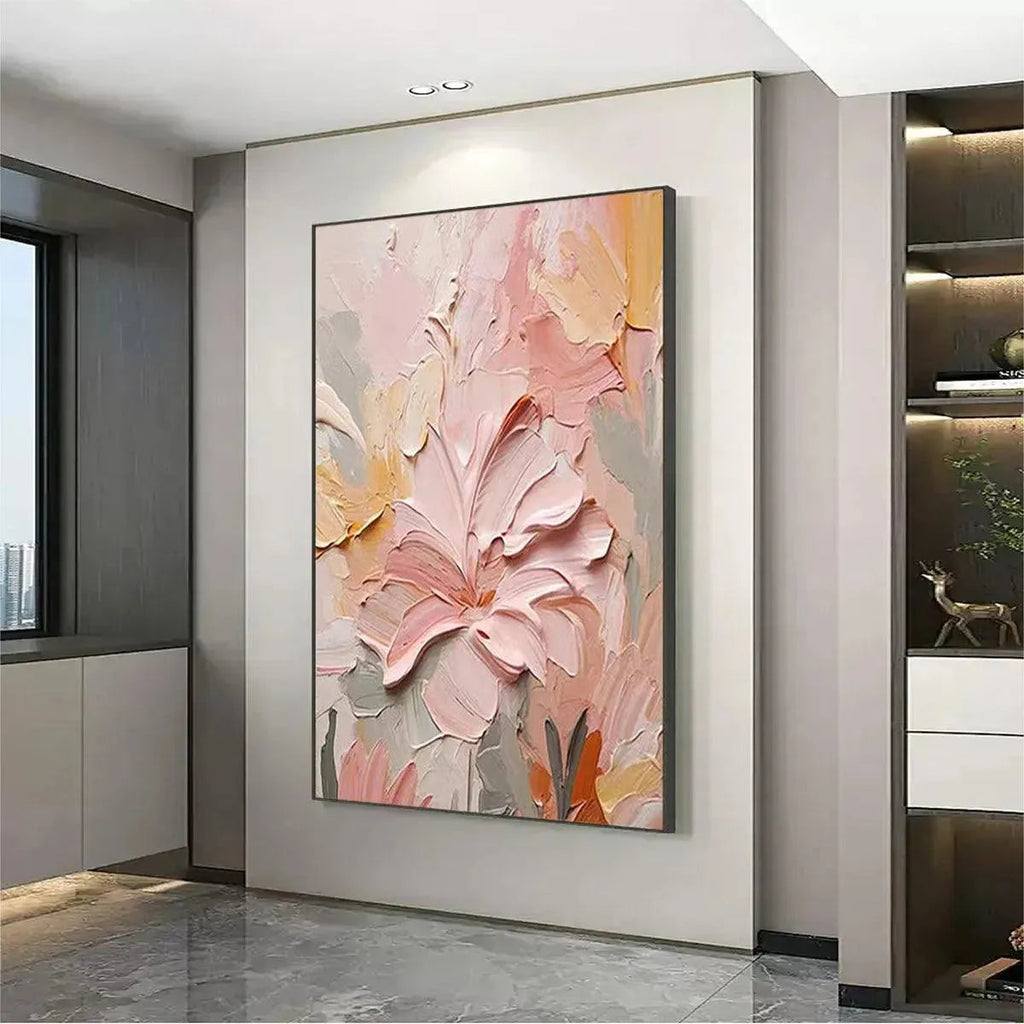 BLUSHING BLOOMS: Textured Impasto Pink Peach Cream Flowers Canvas