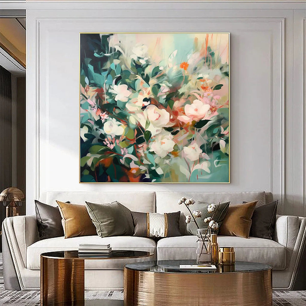 SECRET GARDEN: Impressionistic Soft Hue Square Floral Oil Canvas