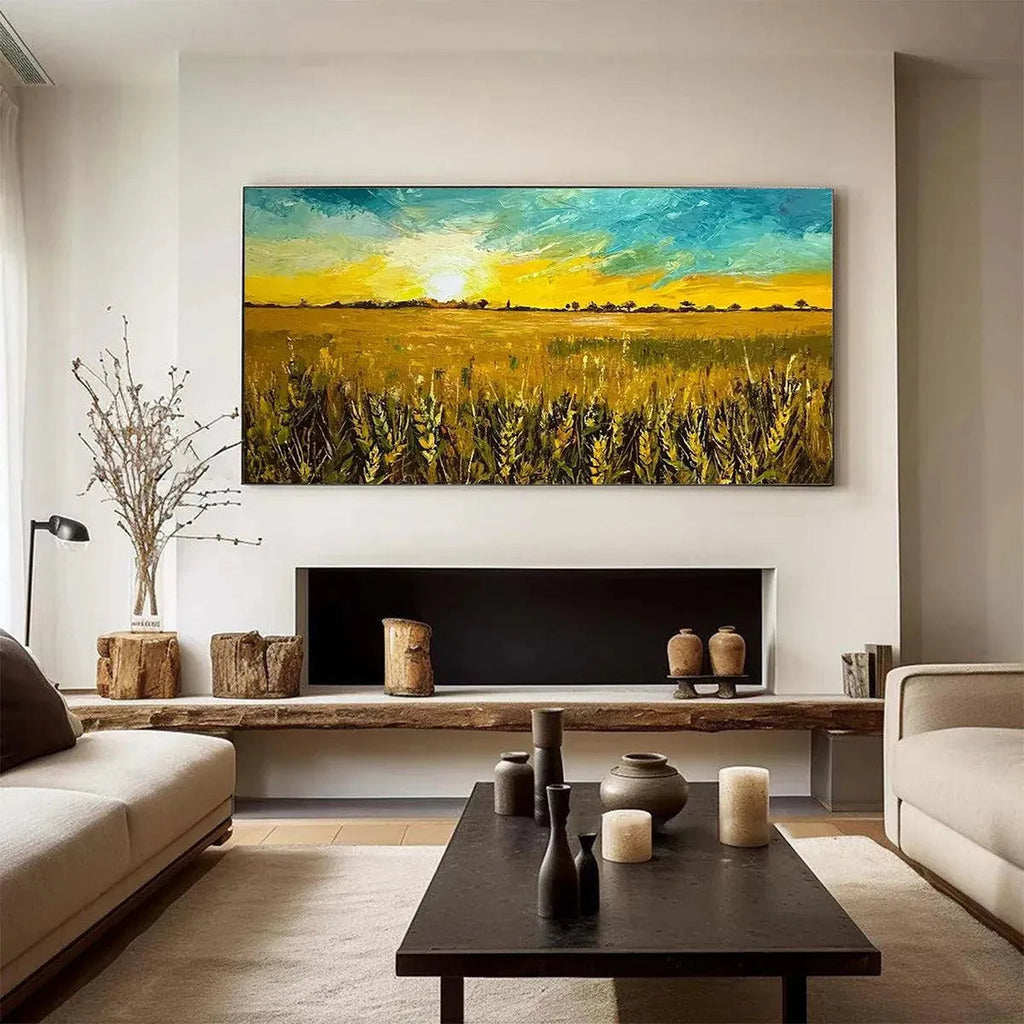 Golden Sunset Field painting by Isabella Rossi, wheat field at sunset, framed artwork for home decor, warm golden hues