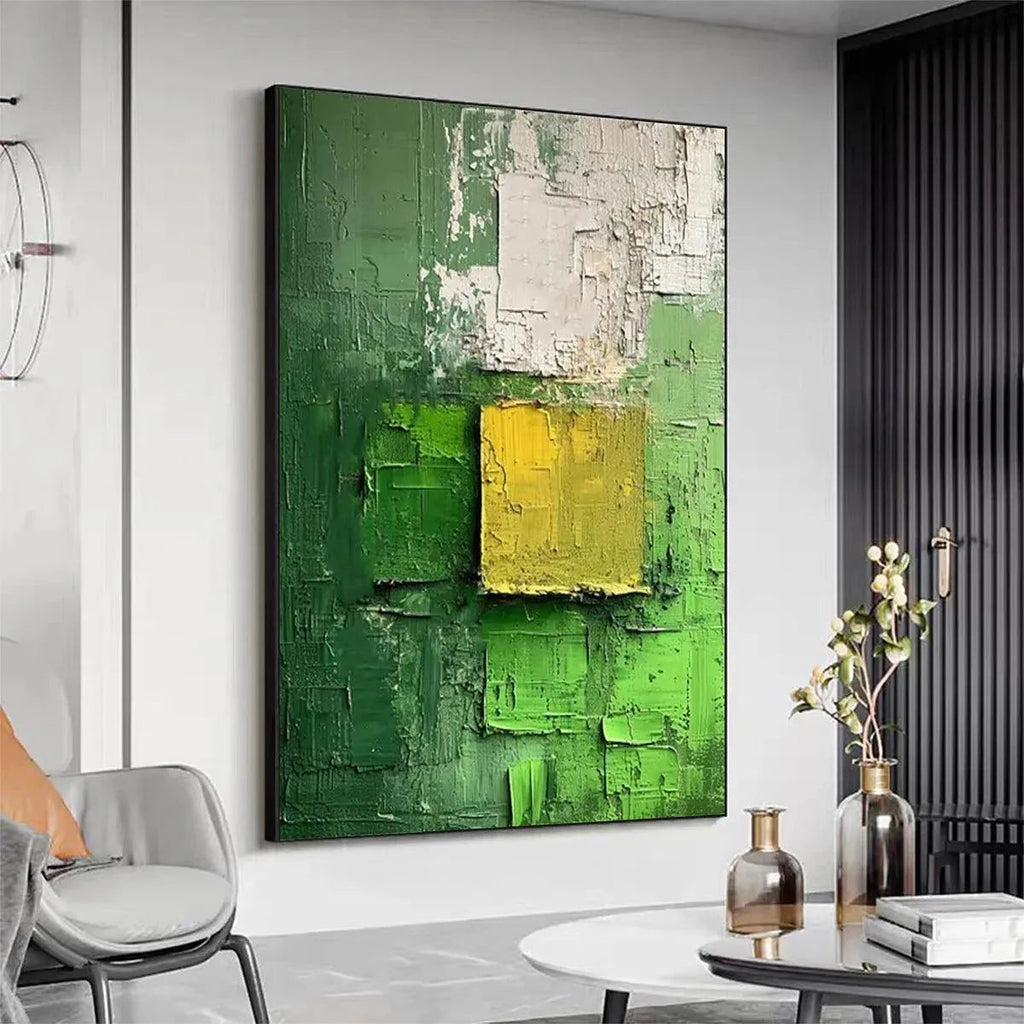 Isabella Rossi textured abstract painting, green, yellow, and white tones, vertical art for modern decor
