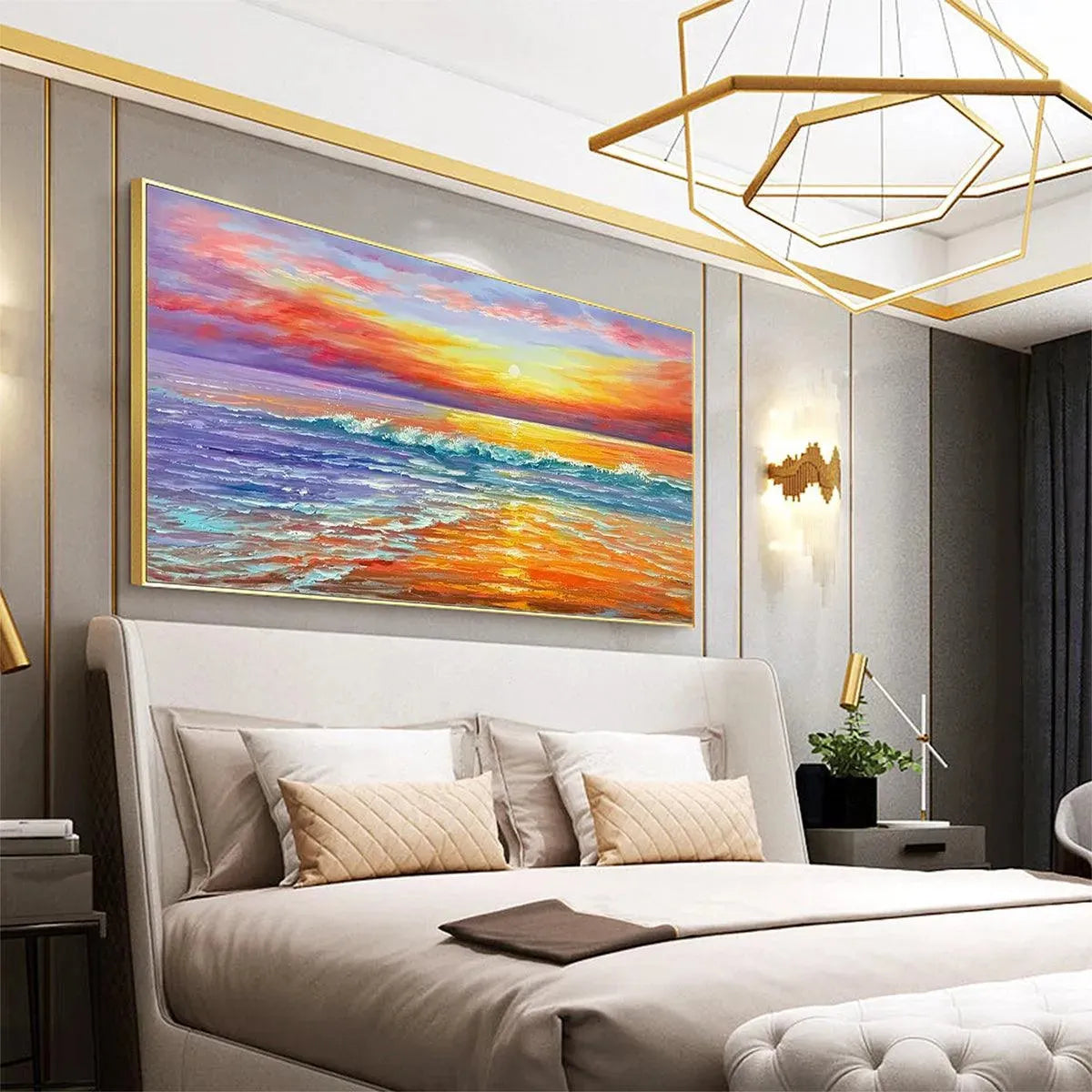 Vibrant Tropical Sunset Beach painting enhances a luxurious modern bedroom, mounted above an elegant bed with gold accents.