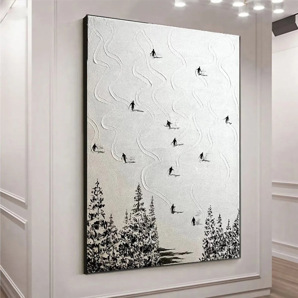 SNOW DANCE: Minimalist Skiing Art on Textured Square Canvas for Contemporary Decor