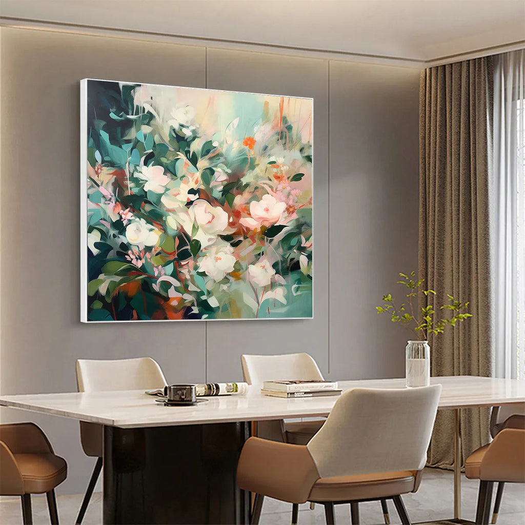 SECRET GARDEN: Impressionistic Soft Hue Square Floral Oil Canvas