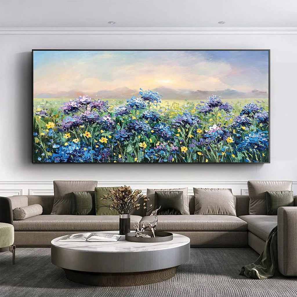 BLUE RIDGE DAWN: Panoramic Hydrangea Field Sunrise Soft Pastel Canvas