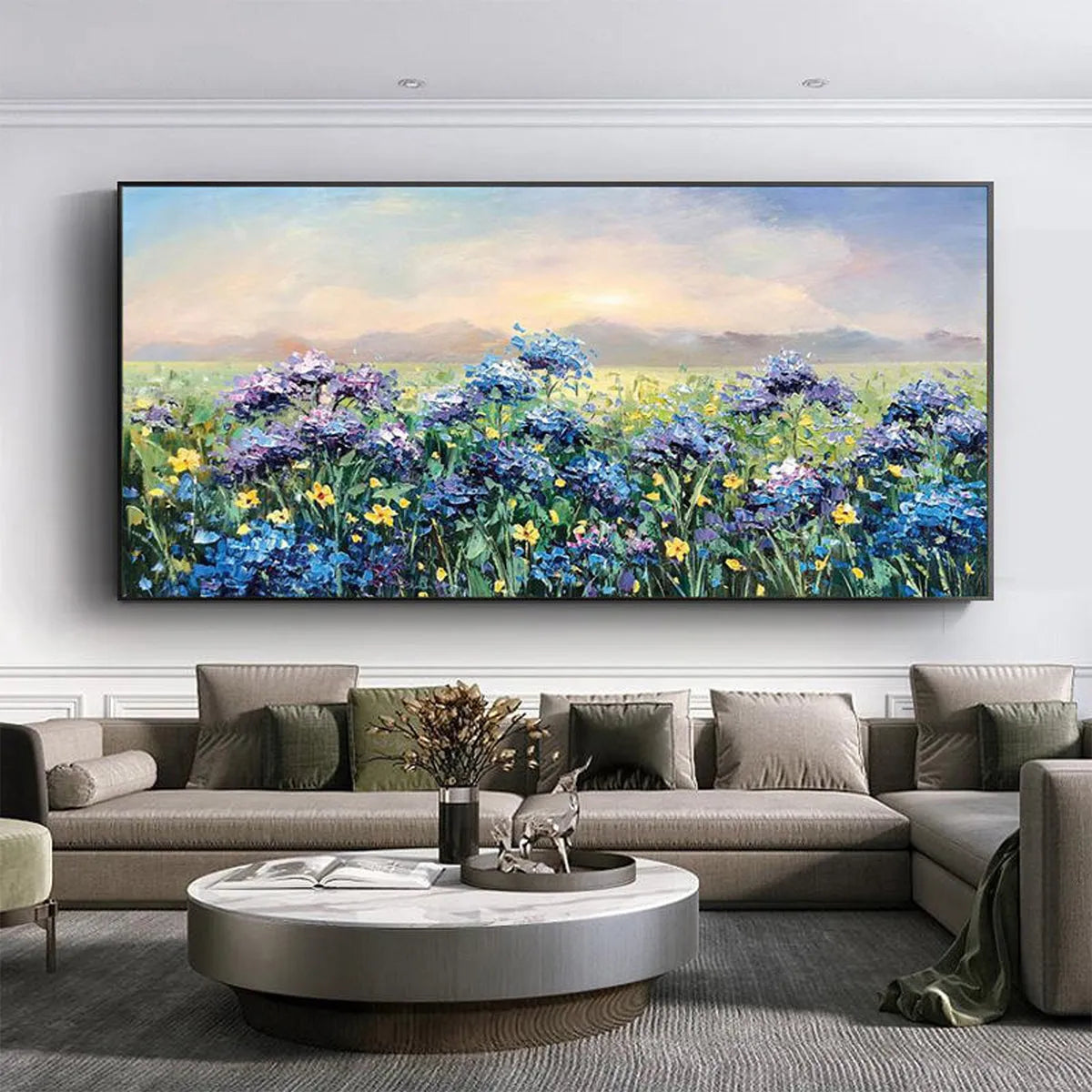 BLUE RIDGE DAWN: Panoramic Hydrangea Field Sunrise Soft Pastel Canvas