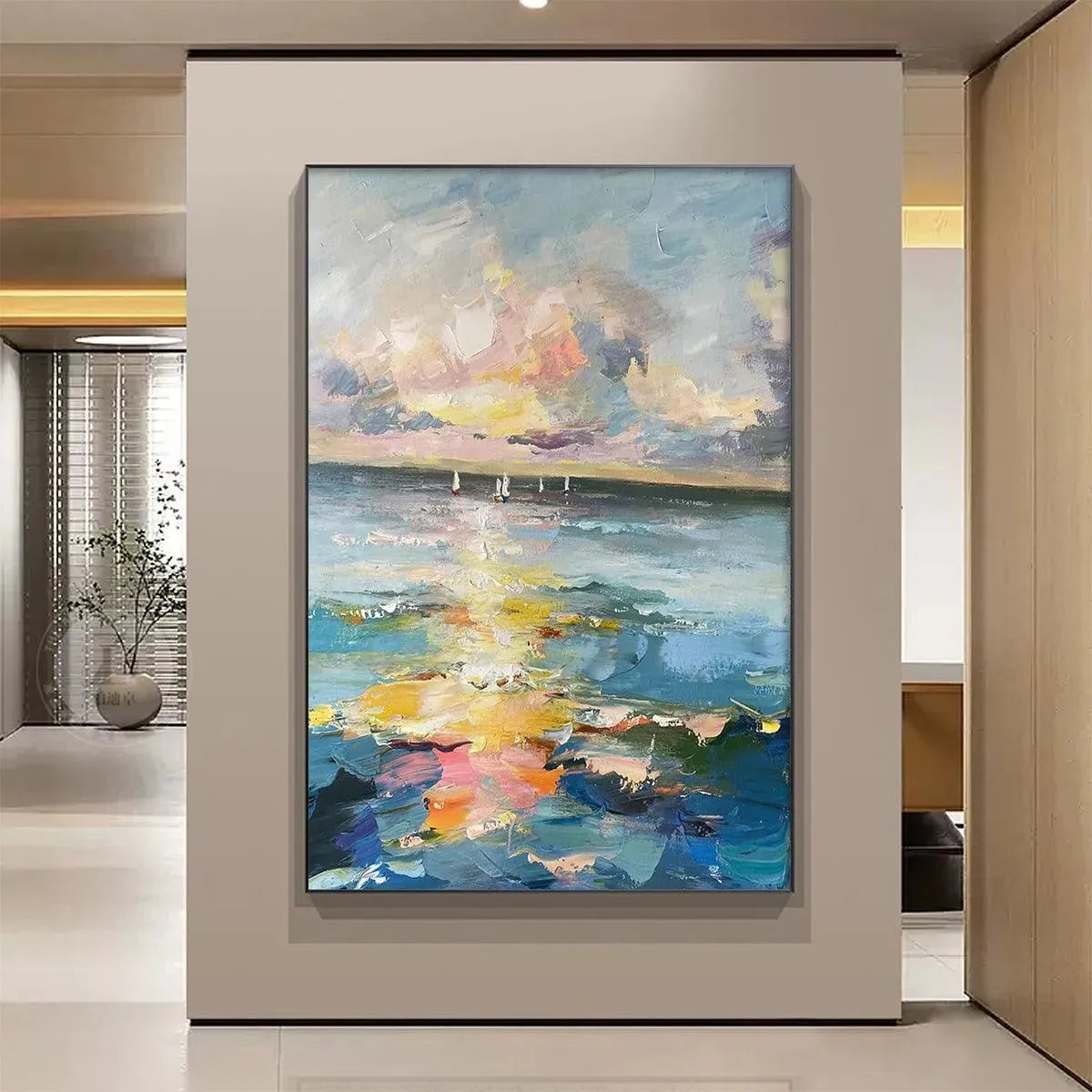 SAILBOATS AT SUNSET: Vertical Coastal Sunset Wall Art