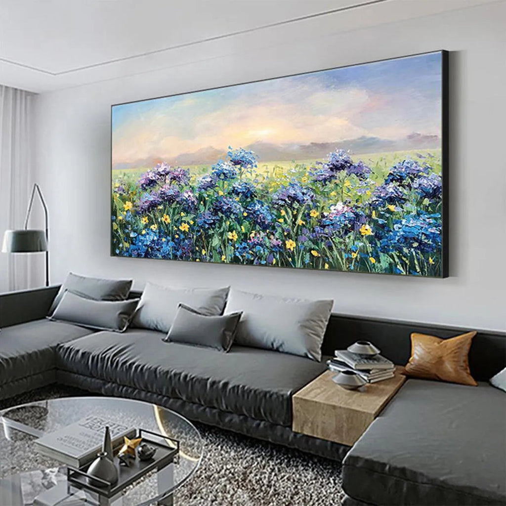 BLUE RIDGE DAWN: Panoramic Hydrangea Field Sunrise Soft Pastel Canvas
