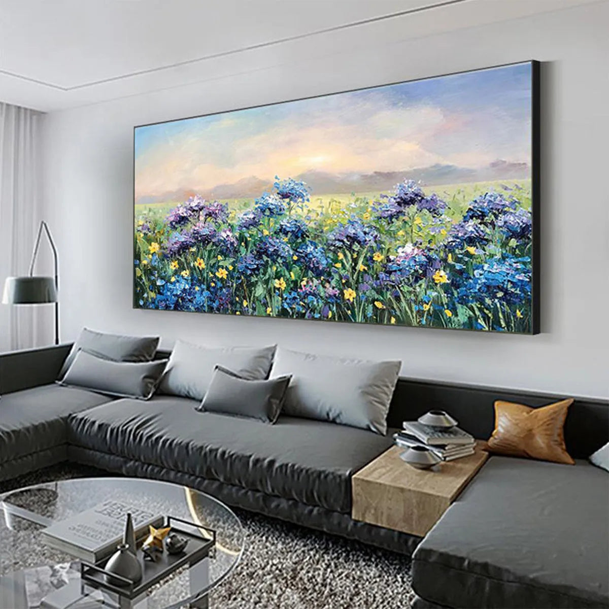 BLUE RIDGE DAWN: Panoramic Hydrangea Field Sunrise Soft Pastel Canvas
