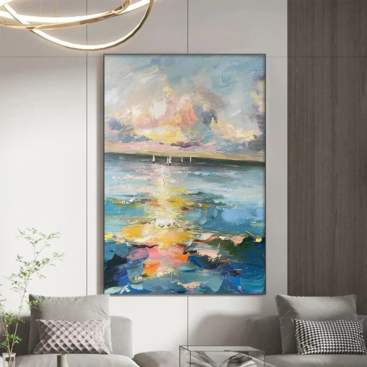 SAILBOATS AT SUNSET: Vertical Coastal Sunset Wall Art