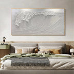 FROZEN TIDE white wave painting by Liam O'Connell. Textured white artwork, above bed, for modern home decor.