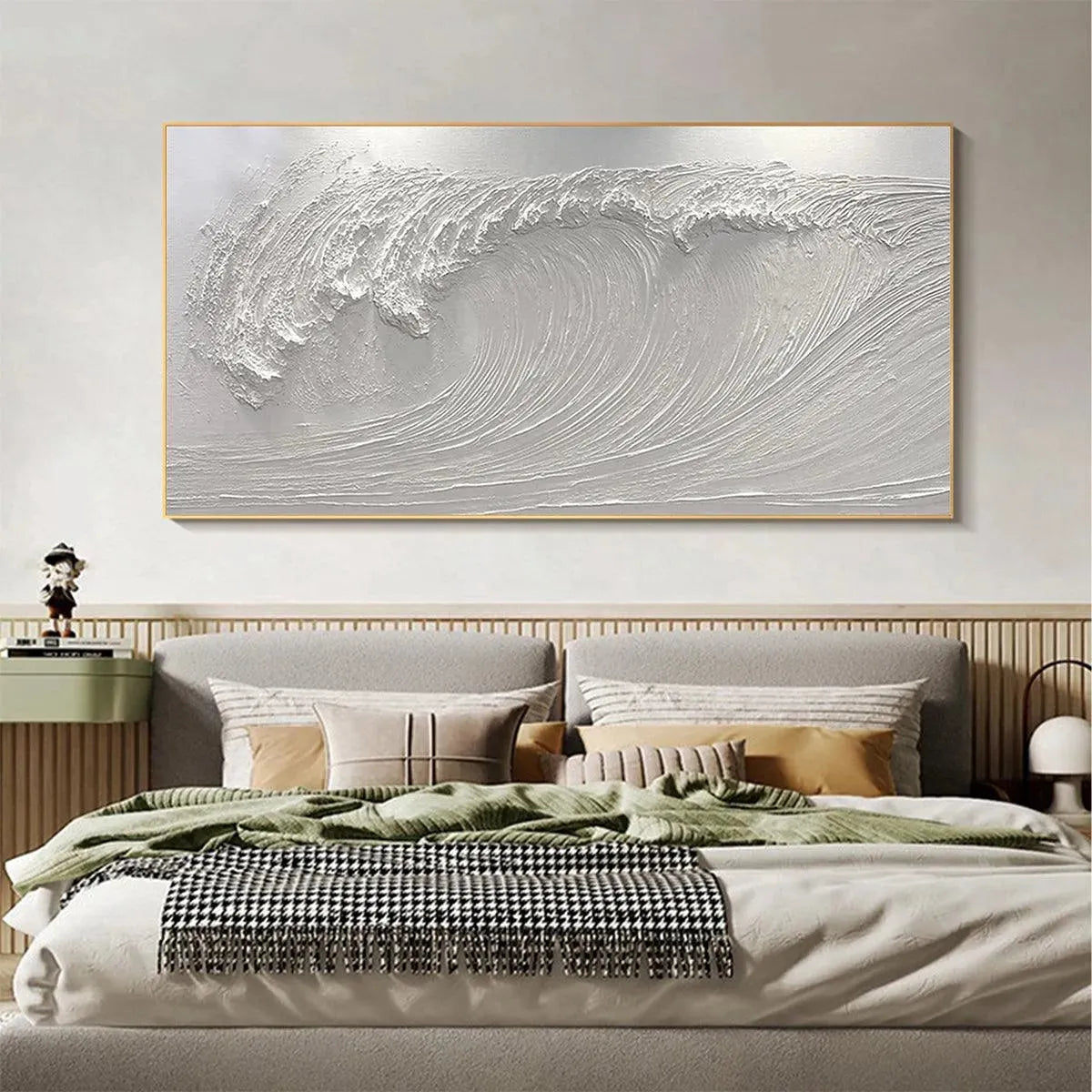 FROZEN TIDE white wave painting by Liam O'Connell. Textured white artwork, above bed, for modern home decor.