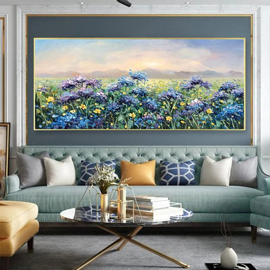BLUE RIDGE DAWN: Panoramic Hydrangea Field Sunrise Soft Pastel Canvas