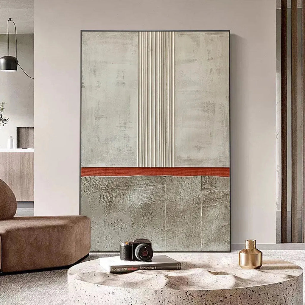 Textured Minimalist Landscape by Javier Ramirez: Beige, terracotta abstract painting, vertical wall art.