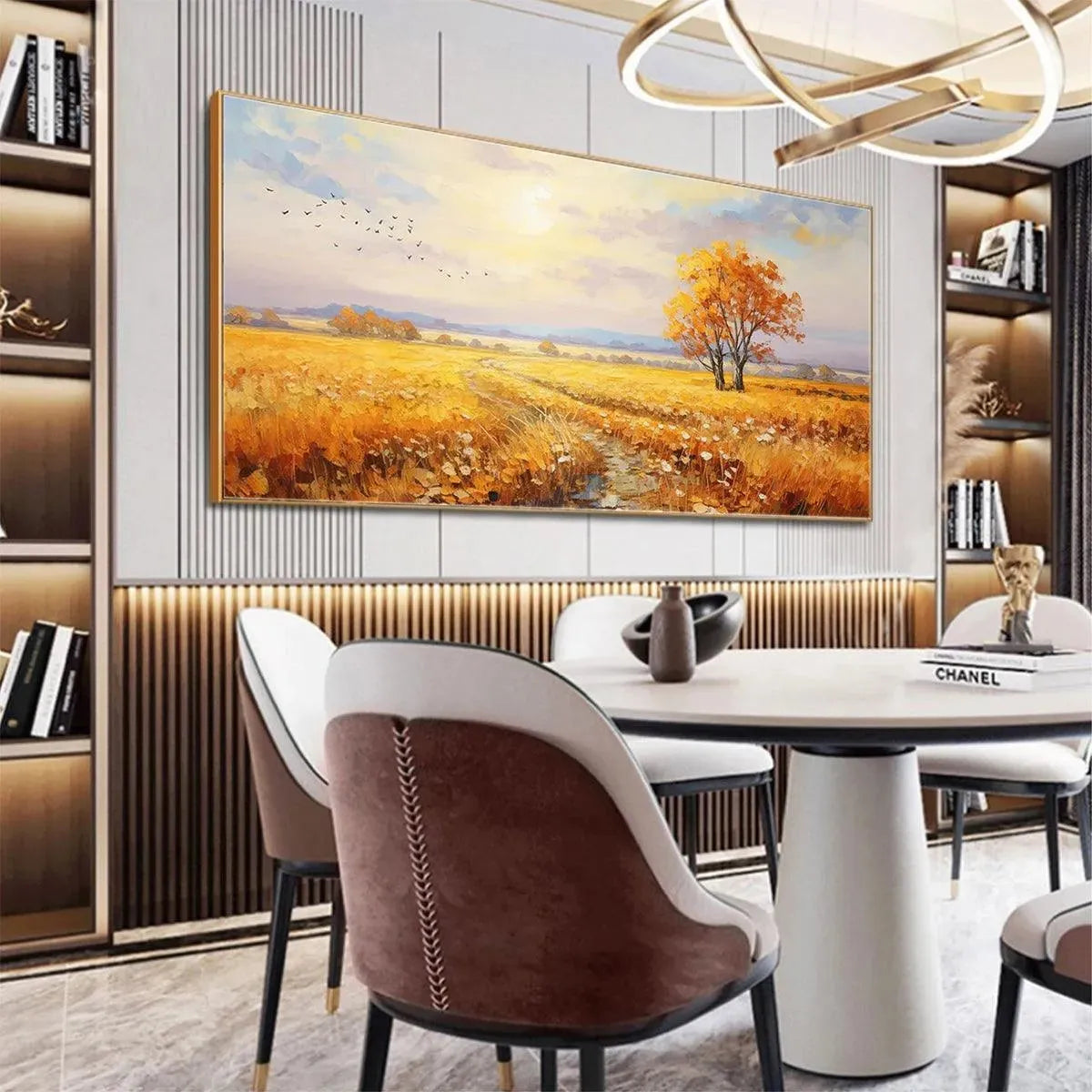 Golden Harvest original landscape painting featuring golden field at sunset with autumn tree above round white dining table.