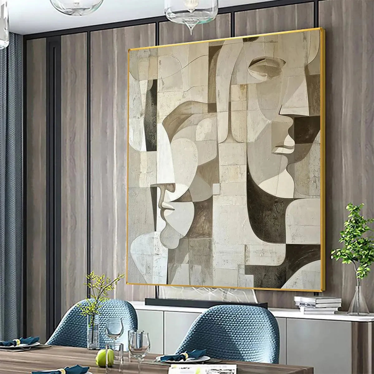 ABSTRACT FACES: Cubist Geometric Neutral Tones Portrait Canvas