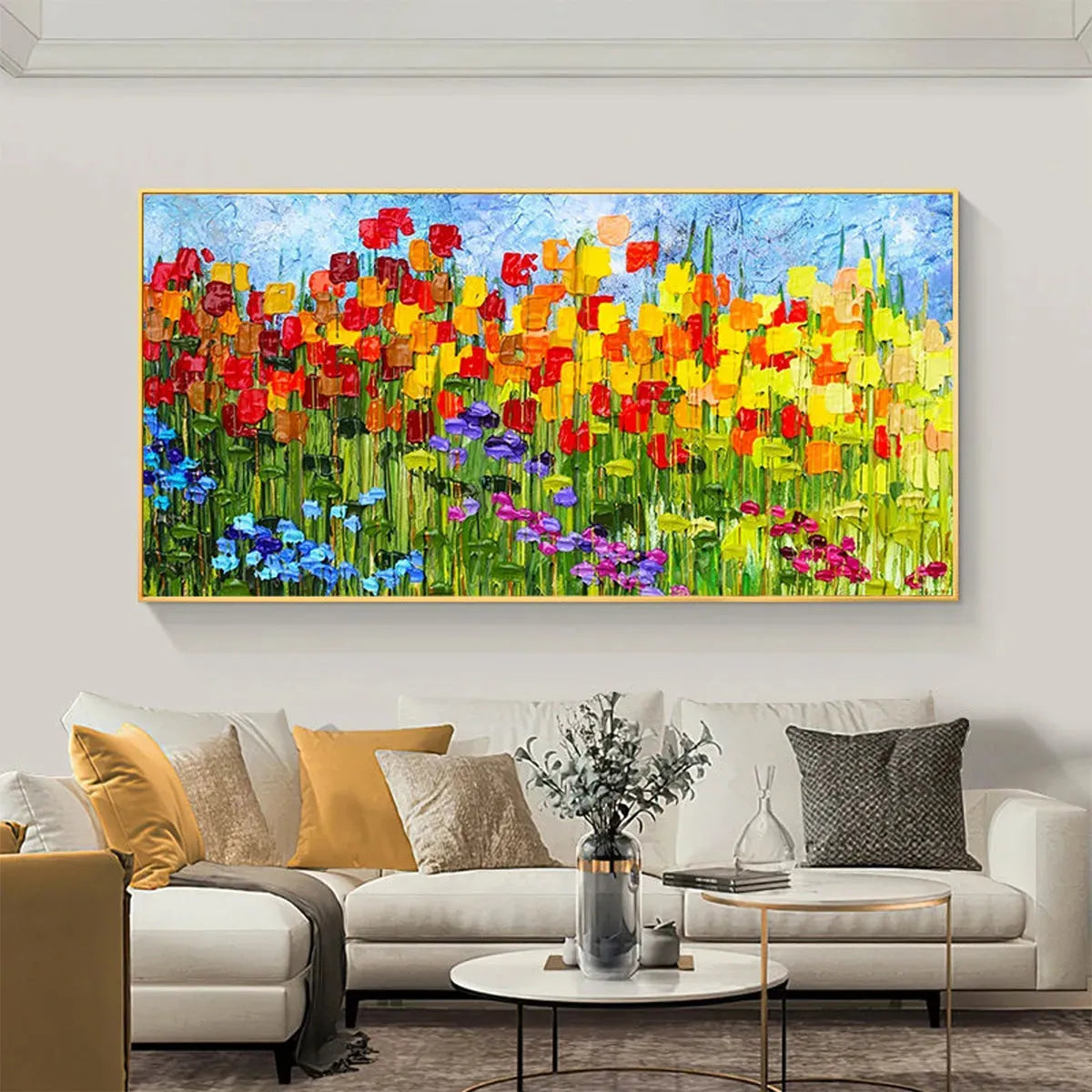 RAINBOW FIELD: Panoramic Impasto Colorful Flower Field Vibrant Canvas