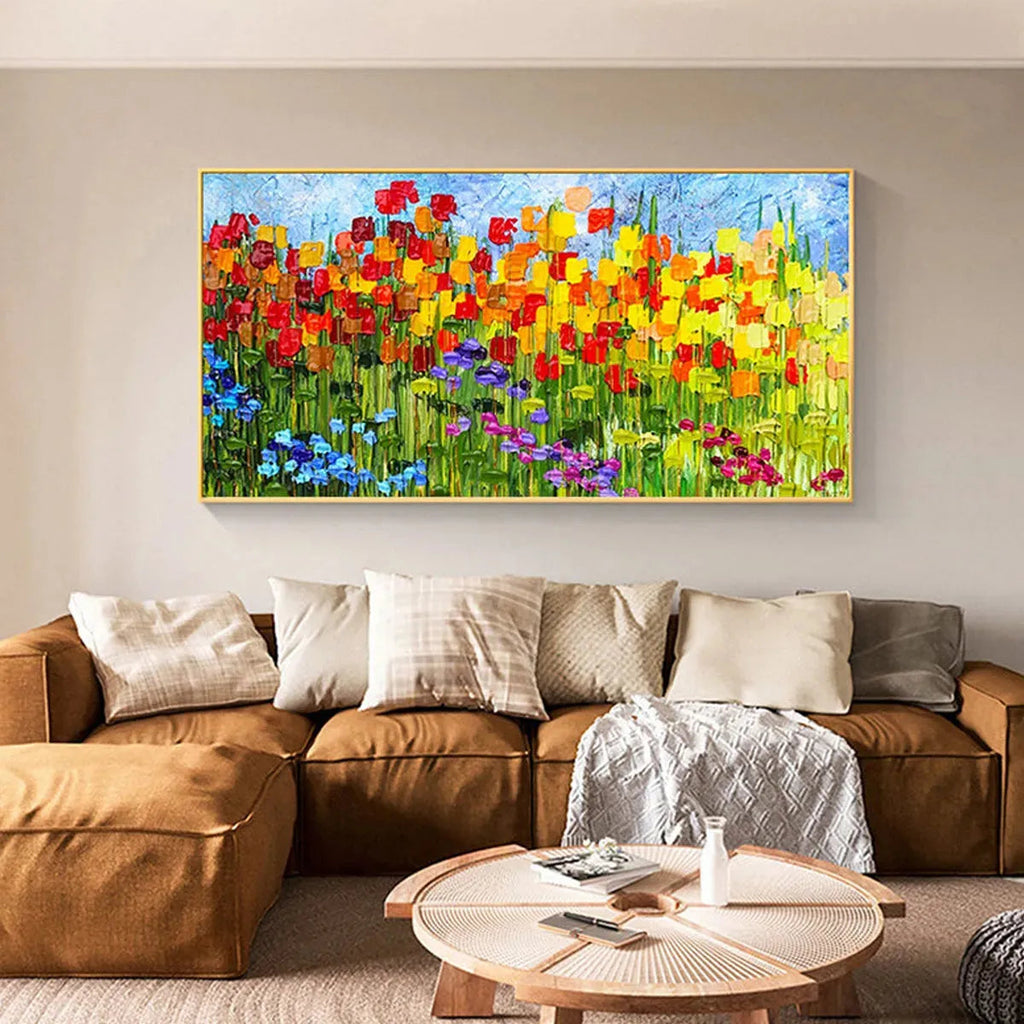 RAINBOW FIELD: Panoramic Impasto Colorful Flower Field Vibrant Canvas