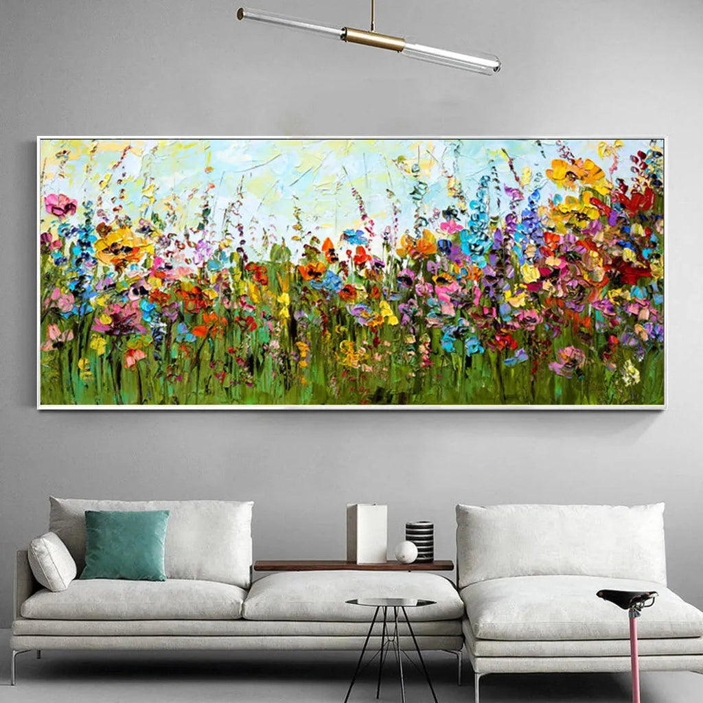 WILD BLOOM MEADOW: Panoramic Impasto Wildflower Field Nature Canvas