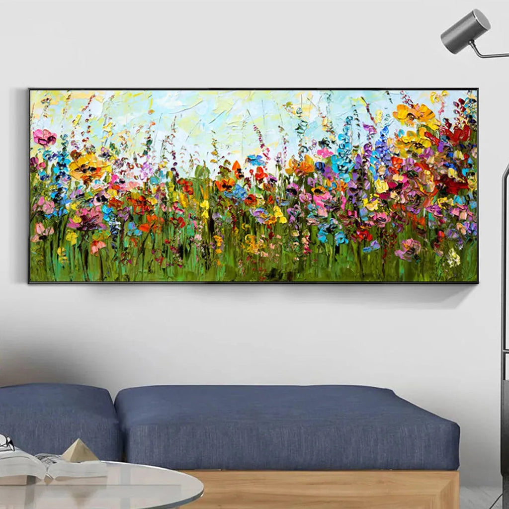 WILD BLOOM MEADOW: Panoramic Impasto Wildflower Field Nature Canvas
