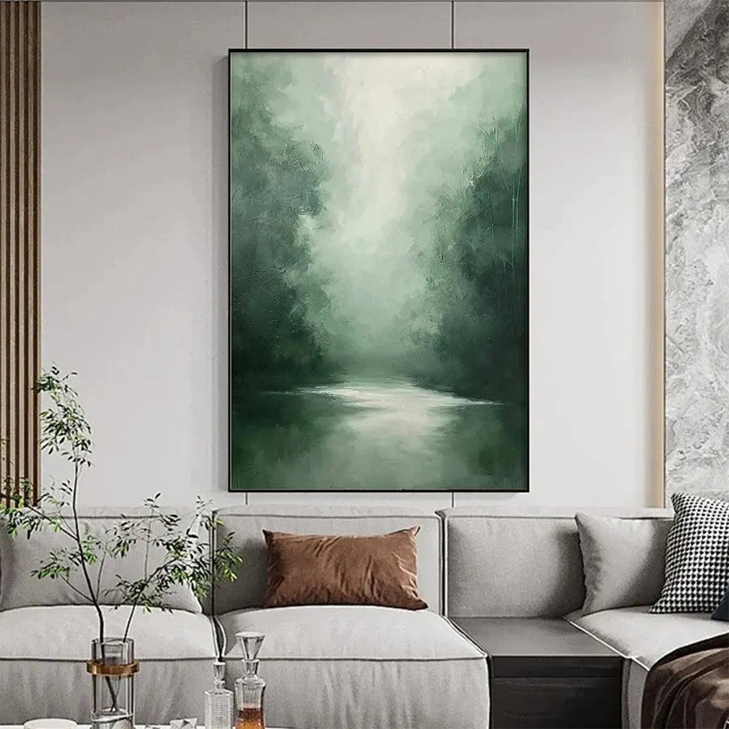Misty Green Forest painting by Liam O'Connell, vertical wall art, forest landscape with green hues, home decor.