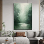 Misty Green Forest painting by Liam O'Connell, vertical wall art, forest landscape with green hues, home decor.