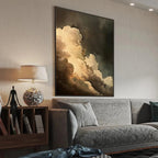 Evening Clouds painting by Liam O'Connell, vertical cloudscape art in a living room setting.