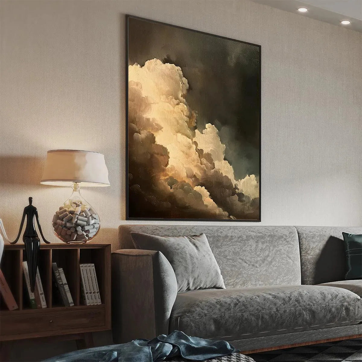 Evening Clouds painting by Liam O'Connell, vertical cloudscape art in a living room setting.