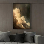 Evening Clouds painting by Liam O'Connell, vertical cloudscape art with warm tones for living room wall decor, framed.