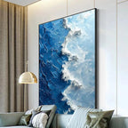 OCEANIC WHISPERS: Impasto Blue White Wave Depth Textured Canvas