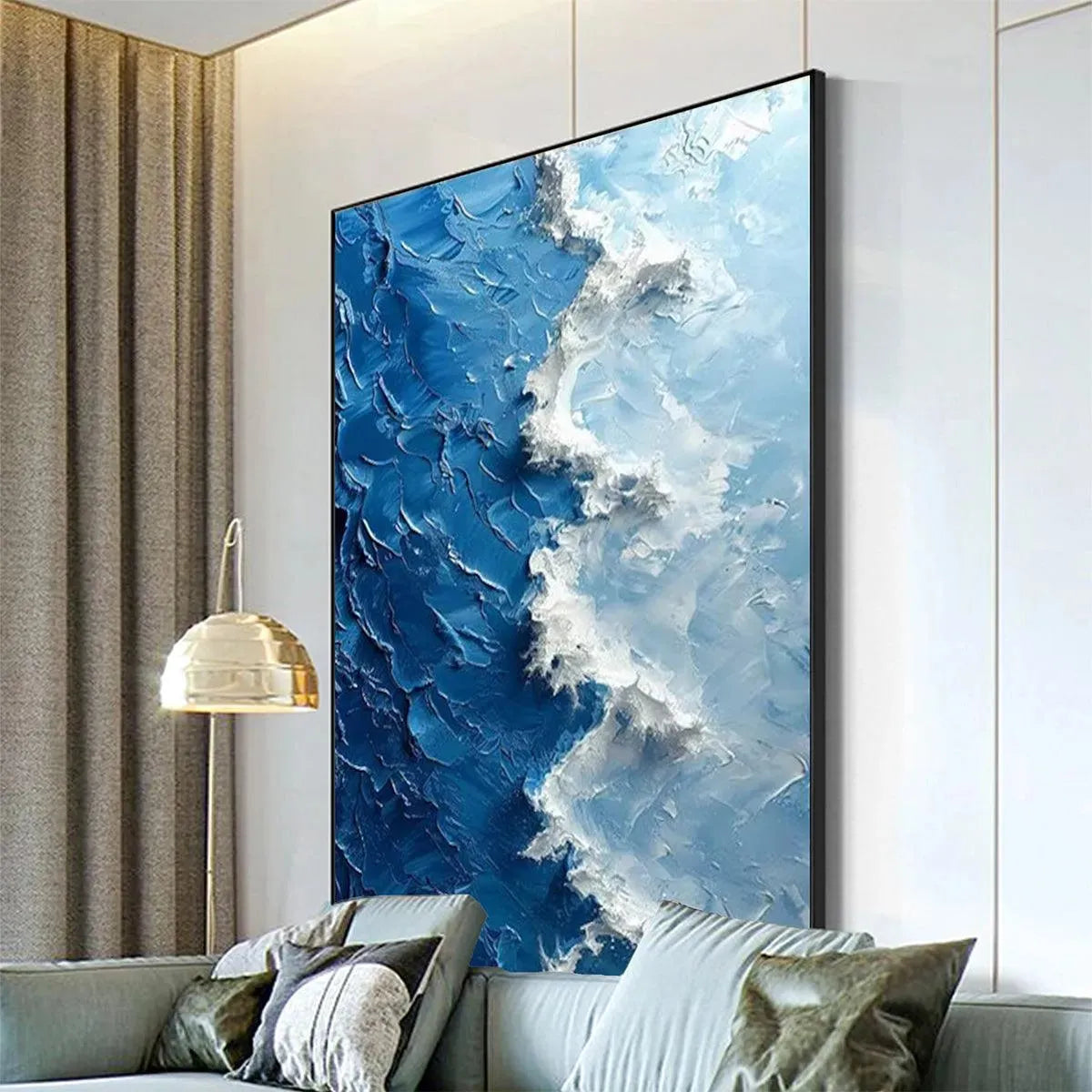 OCEANIC WHISPERS: Impasto Blue White Wave Depth Textured Canvas