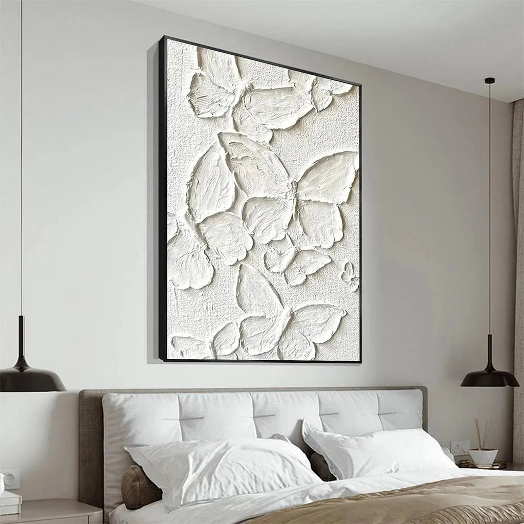 White Butterflies impasto painting by Isabella Rossi, textured 3D butterfly artwork, vertical wall art, bedroom decor