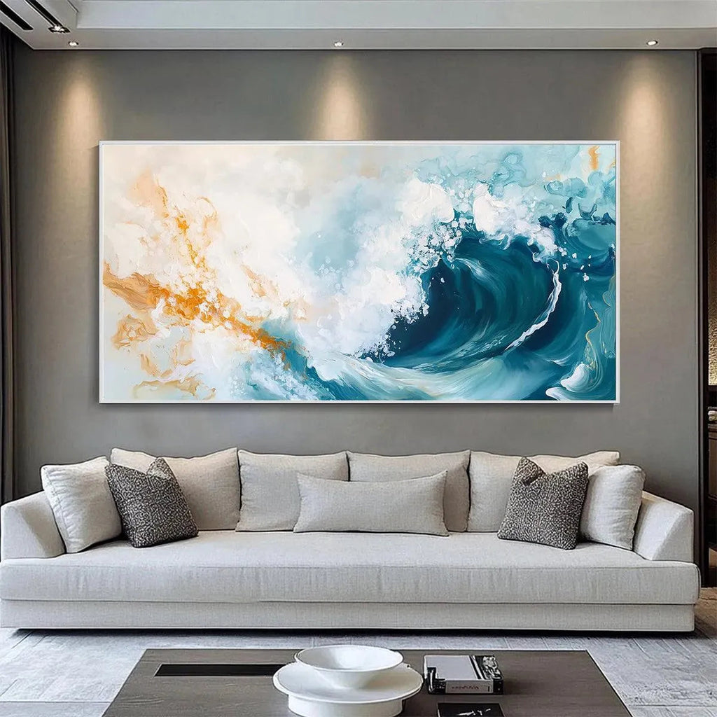 AQUAMARINE CREST: Panoramic Blue Teal Abstract Ocean Wave Canvas