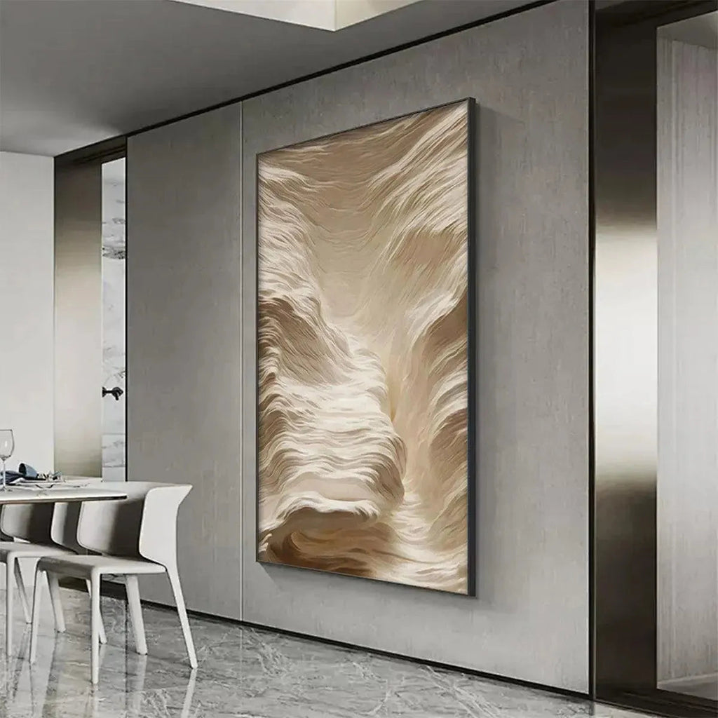 White Sand Dunes abstract painting by Javier Ramirez, vertical wall art, off-white and beige tones, framed, modern decor.