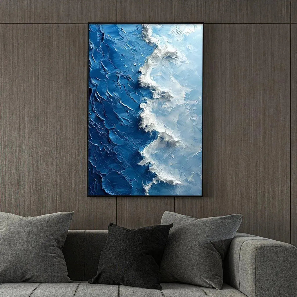 OCEANIC WHISPERS: Impasto Blue White Wave Depth Textured Canvas