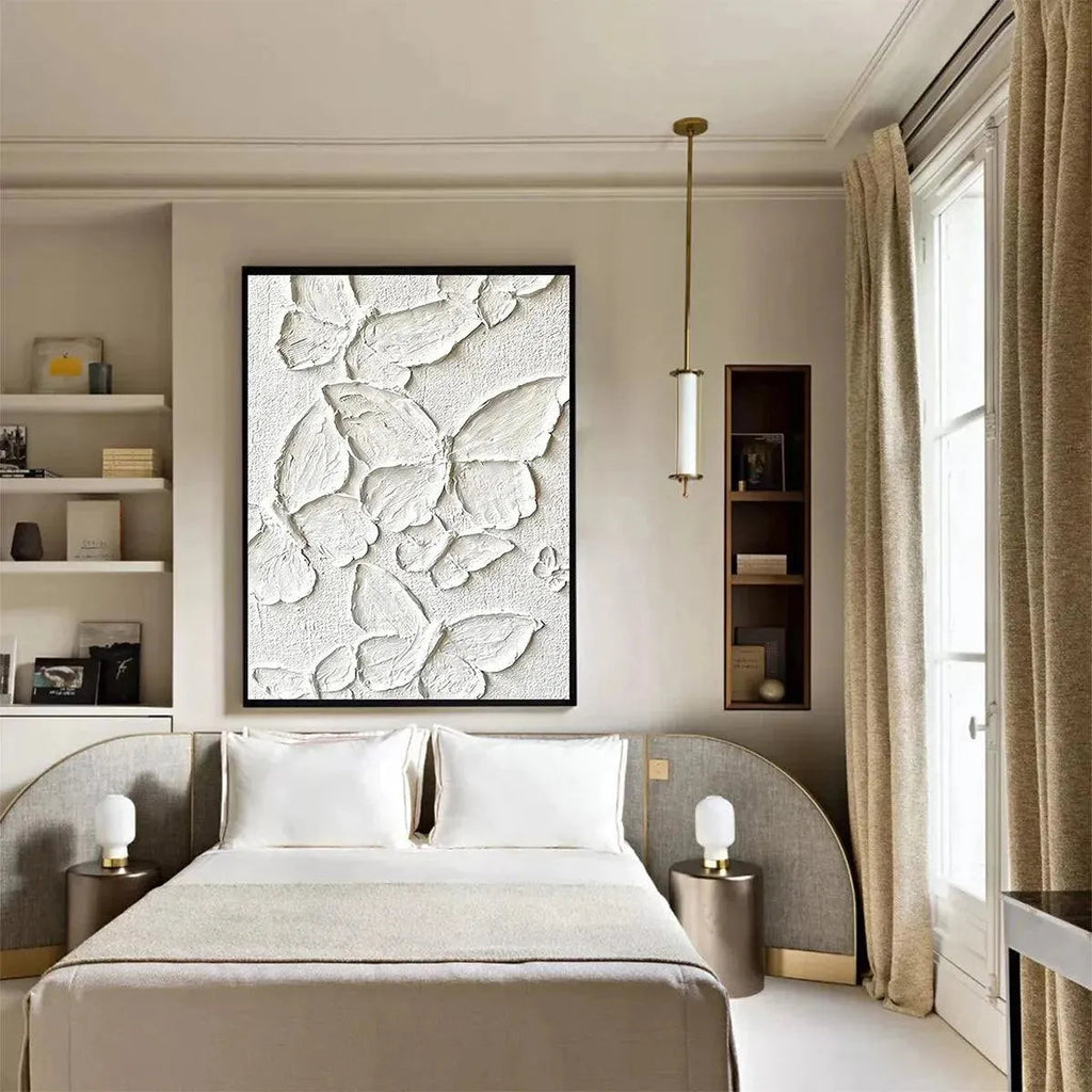 White Butterflies 3D impasto painting by Isabella Rossi, vertical wall art for bedroom decor.