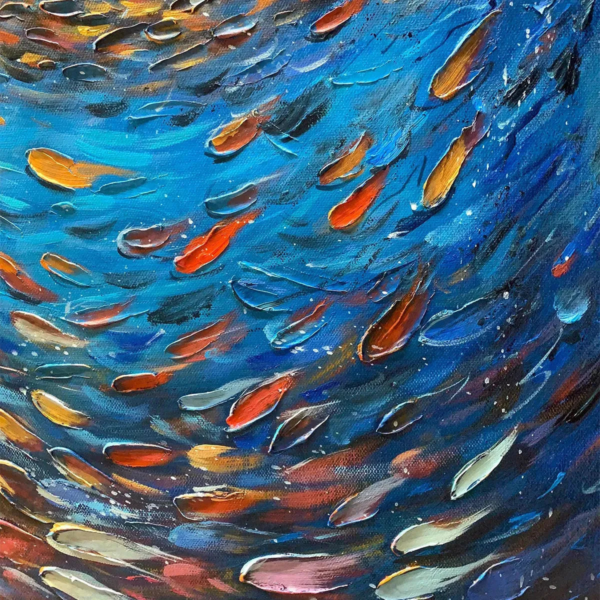 OCEANIC VORTEX: Vertical Impasto School Of Fish Swirling Underwater Canvas